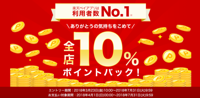 楽天ペイで決済すると10%ポイントバック!